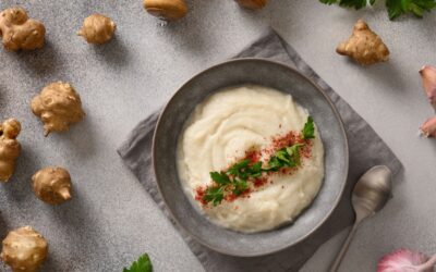 Creamed Jerusalem Artichoke, Chard and Crisp garlic