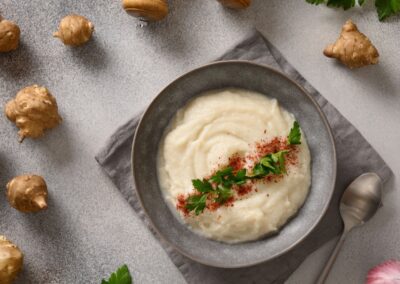 Creamed Jerusalem Artichoke, Chard and Crisp garlic