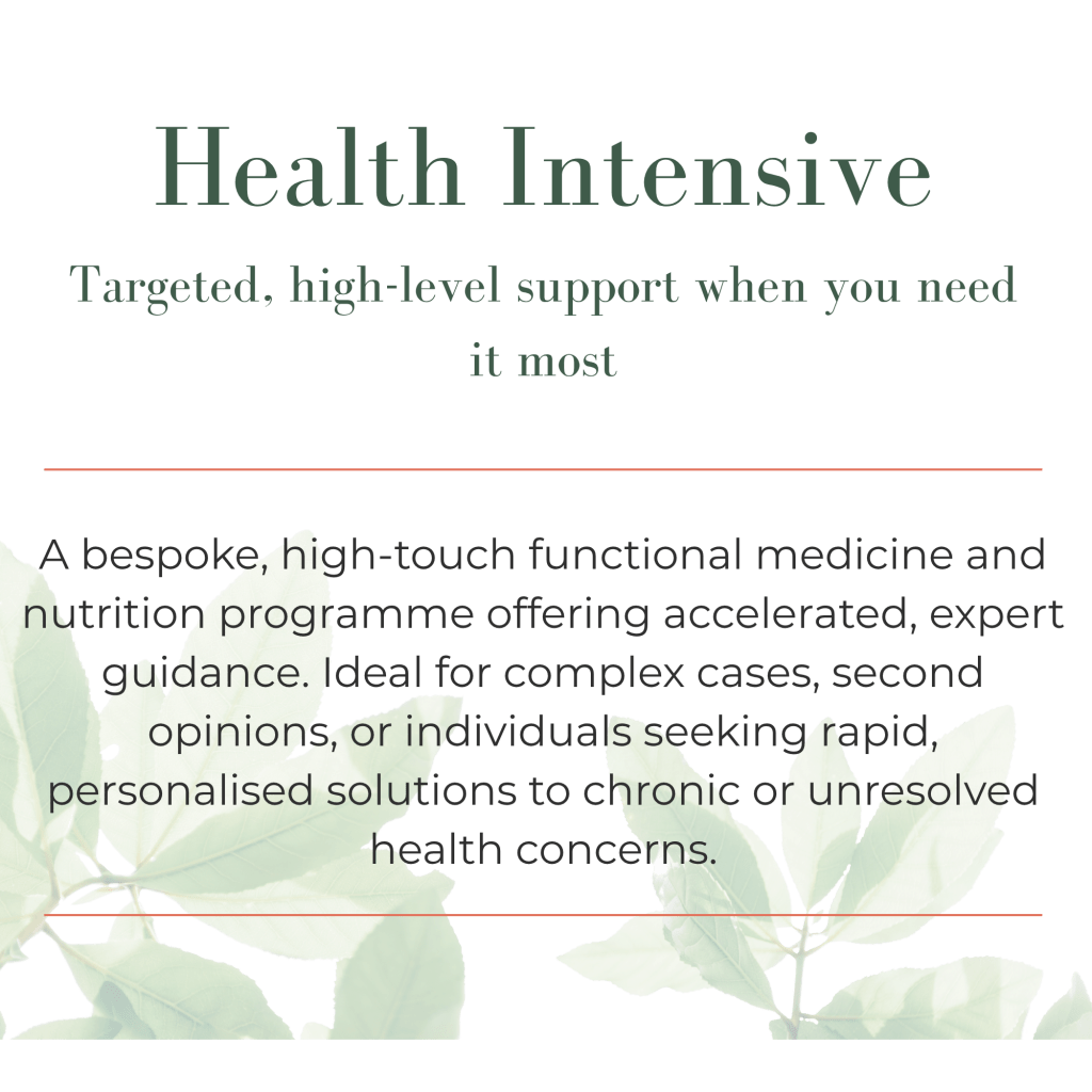Graphic promoting 'Health Intensive' program offering targeted support in functional medicine and nutrition, featuring green leaves in the design.