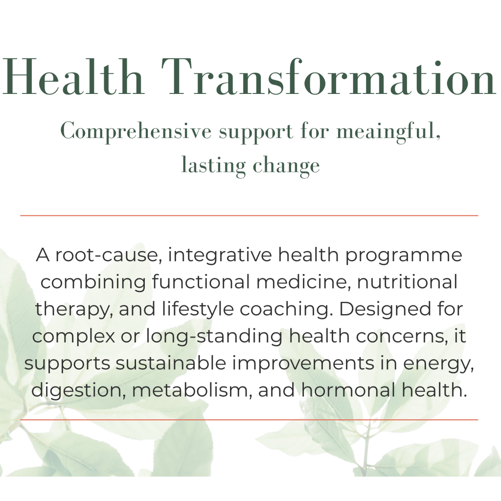 Text on a background featuring green leaves, promoting a root-cause integrative health program that combines functional medicine, nutritional therapy, and lifestyle coaching for sustainable health improvements.