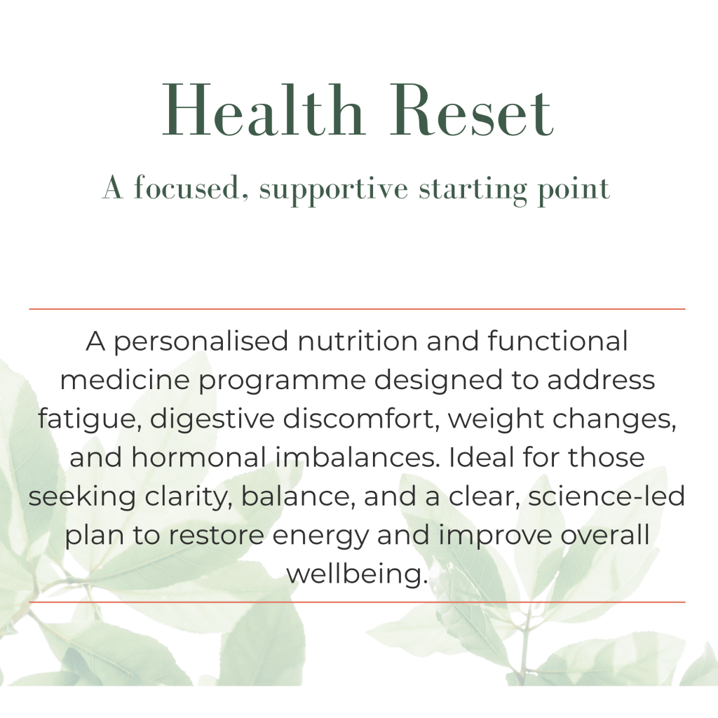 Text on a green background reading 'Health Reset: A focused, supportive starting point' followed by a description of a personalized nutrition and functional medicine program addressing fatigue, digestive discomfort, weight changes, and hormonal imbalances. Includes leaves at the bottom.